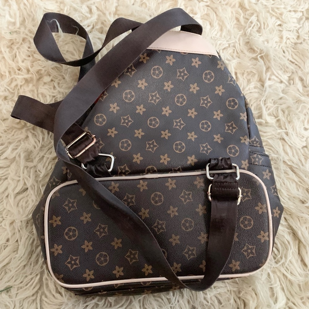 Backpack Brown & Tan Exterior Canvas & Red Inside Lining Gold Hardware - Picture 13 of 16